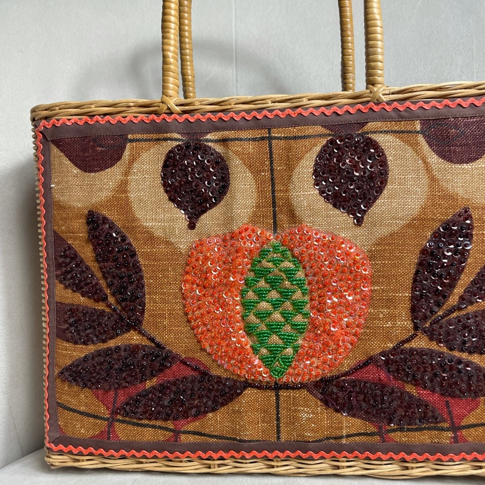 Unique Boho Chic Beaded Peach Wicker Bag Purse - Picture 2 of 13